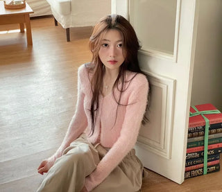 Anne Fluffy Team Pine Needle Fur Button V-Neck Knit Crop Cardigan