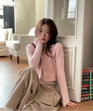 Anne Fluffy Team Pine Needle Fur Button V-Neck Knit Crop Cardigan