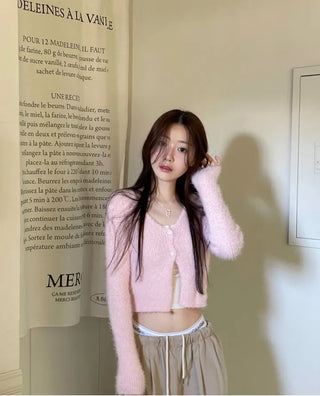 Anne Fluffy Team Pine Needle Fur Button V-Neck Knit Crop Cardigan