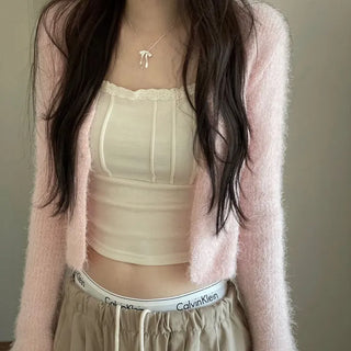 Anne Fluffy Team Pine Needle Fur Button V-Neck Knit Crop Cardigan