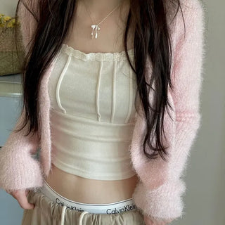 Anne Fluffy Team Pine Needle Fur Button V-Neck Knit Crop Cardigan