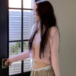 Anne Fluffy Team Pine Needle Fur Button V-Neck Knit Crop Cardigan