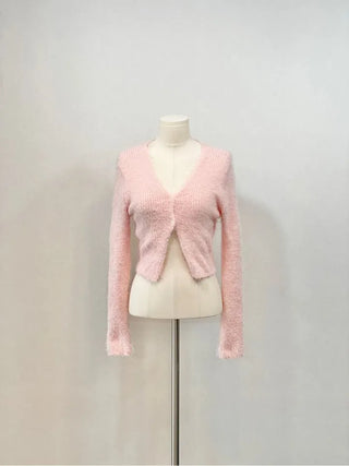 Anne Fluffy Team Pine Needle Fur Button V-Neck Knit Crop Cardigan
