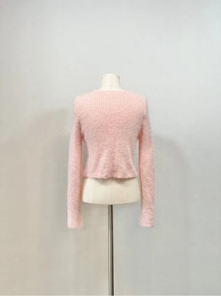 Anne Fluffy Team Pine Needle Fur Button V-Neck Knit Crop Cardigan