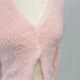 Anne Fluffy Team Pine Needle Fur Button V-Neck Knit Crop Cardigan