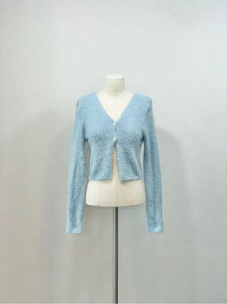 Anne Fluffy Team Pine Needle Fur Button V-Neck Knit Crop Cardigan