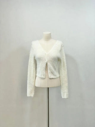 Anne Fluffy Team Pine Needle Fur Button V-Neck Knit Crop Cardigan