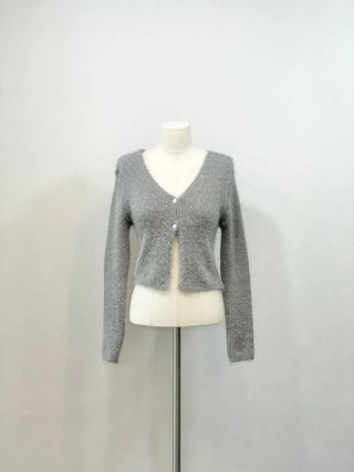 Anne Fluffy Team Pine Needle Fur Button V-Neck Knit Crop Cardigan