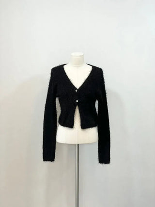 Anne Fluffy Team Pine Needle Fur Button V-Neck Knit Crop Cardigan