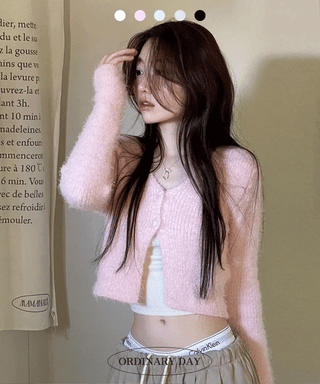 Anne Fluffy Team Pine Needle Fur Button V-Neck Knit Crop Cardigan