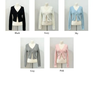 Anne Fluffy Team Pine Needle Fur Button V-Neck Knit Crop Cardigan