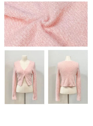 Anne Fluffy Team Pine Needle Fur Button V-Neck Knit Crop Cardigan