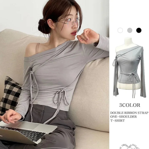 Nude Double Ribbon Strap One-Shoulder Pintuck Long-Sleeve T-Shirt