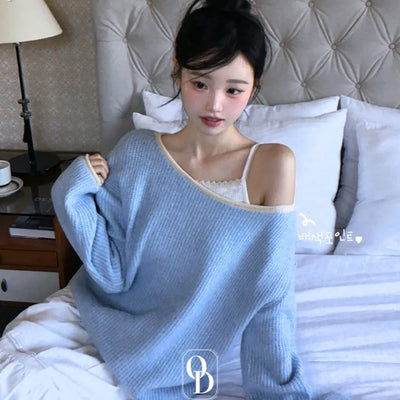 Toromi loose fit color block boat neck one-shoulder long sleeve knit