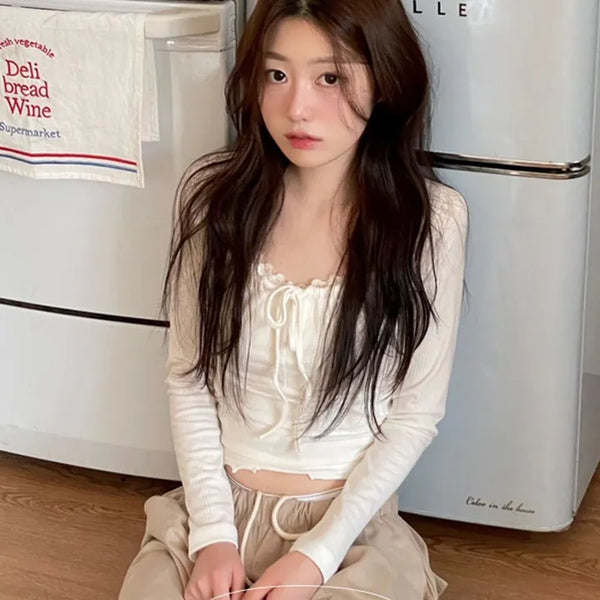 Brini Ribbon Golji Strap Shirring Square Neck Long Sleeve T-Shirt