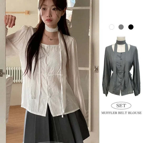 Pria Waist Ribbon Muffler Square Neck Puff Long Sleeve Blouse Set