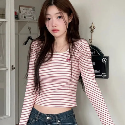 Maroon embroidered stripe rib square neck long sleeve long sleeve t-shirt