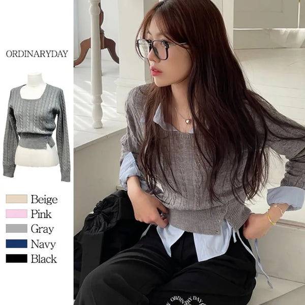 plain side-slit button two-way twisted square neck knit
