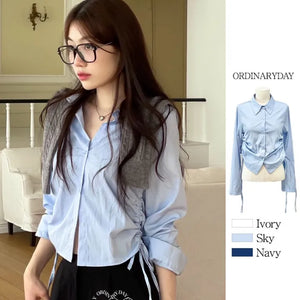 Barrel ribbon shirring two-way basic long-sleeve shirt in