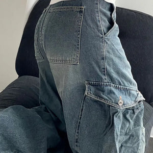 pouch pocket, magic banding, cargo pocket, washed shirring, wide long denim pants