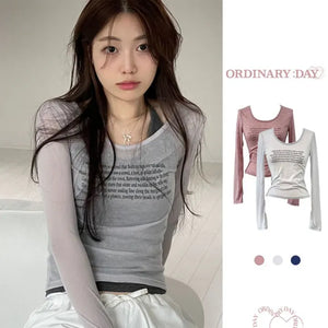 Outfit Tension See-through Lettering Round Neck Long Sleeve T-Shirt