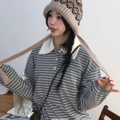 Tsuki Stripe Poggle Collar Neck Loose Fit Long Sleeve T-Shirt