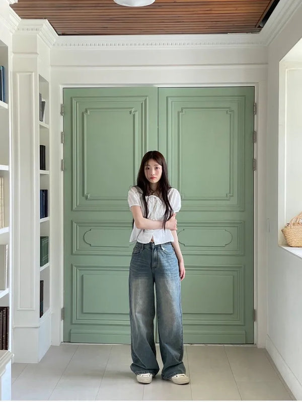 Comfortable back banding vintage washing wide denim long pants