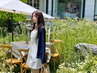 French ribbon shirring button string bustier mini one-piece dress