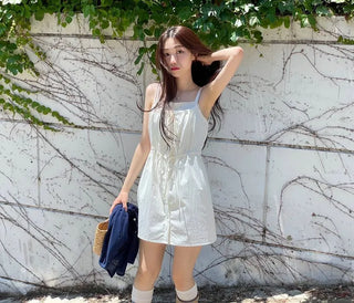 French ribbon shirring button string bustier mini one-piece dress