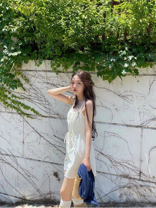 French ribbon shirring button string bustier mini one-piece dress