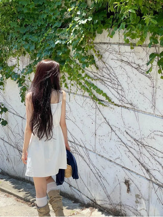 French ribbon shirring button string bustier mini one-piece dress