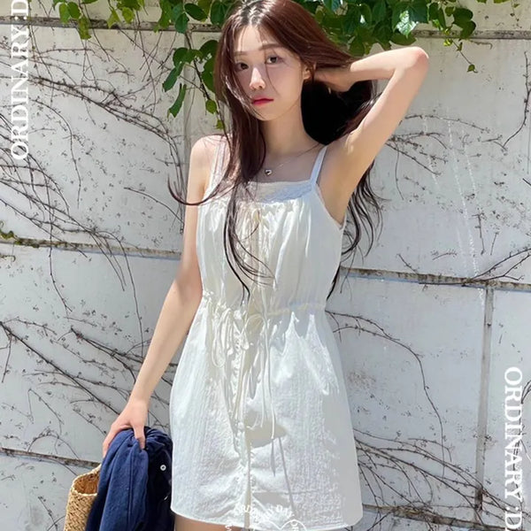 French ribbon shirring button string bustier mini one-piece dress