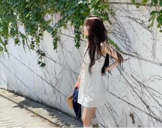 French ribbon shirring button string bustier mini one-piece dress