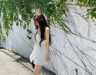 French ribbon shirring button string bustier mini one-piece dress