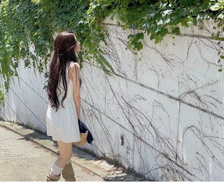 French ribbon shirring button string bustier mini one-piece dress