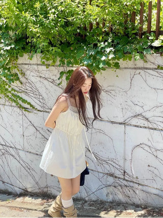 French ribbon shirring button string bustier mini one-piece dress