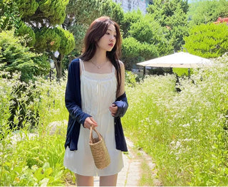 French ribbon shirring button string bustier mini one-piece dress