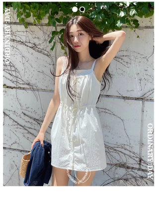 French ribbon shirring button string bustier mini one-piece dress