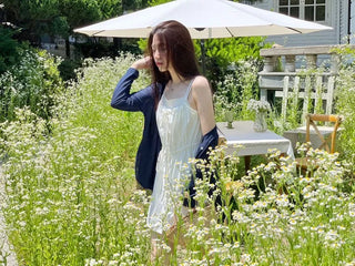 French ribbon shirring button string bustier mini one-piece dress