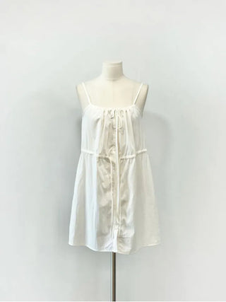 French ribbon shirring button string bustier mini one-piece dress