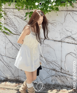 French ribbon shirring button string bustier mini one-piece dress