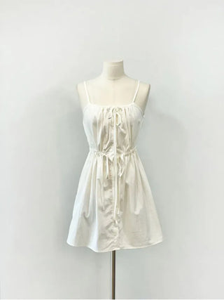 French ribbon shirring button string bustier mini one-piece dress