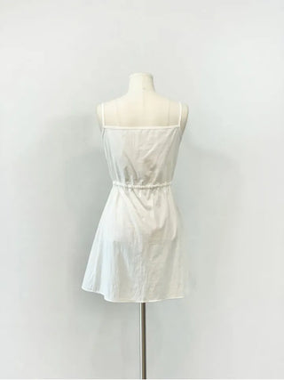 French ribbon shirring button string bustier mini one-piece dress