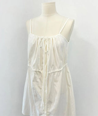 French ribbon shirring button string bustier mini one-piece dress