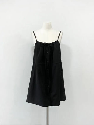 French ribbon shirring button string bustier mini one-piece dress
