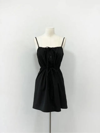 French ribbon shirring button string bustier mini one-piece dress