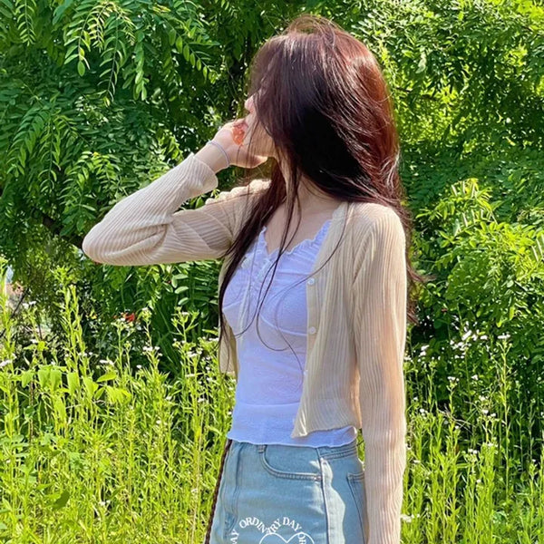 Bagel Malafit wrinkle see-through V-neck button long-sleeve cardigan