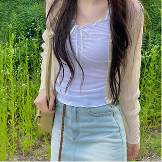 Bagel Malafit wrinkle see-through V-neck button long-sleeve cardigan