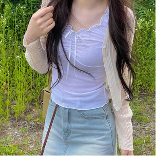 Bagel Malafit wrinkle see-through V-neck button long-sleeve cardigan