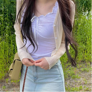 Bagel Malafit wrinkle see-through V-neck button long-sleeve cardigan